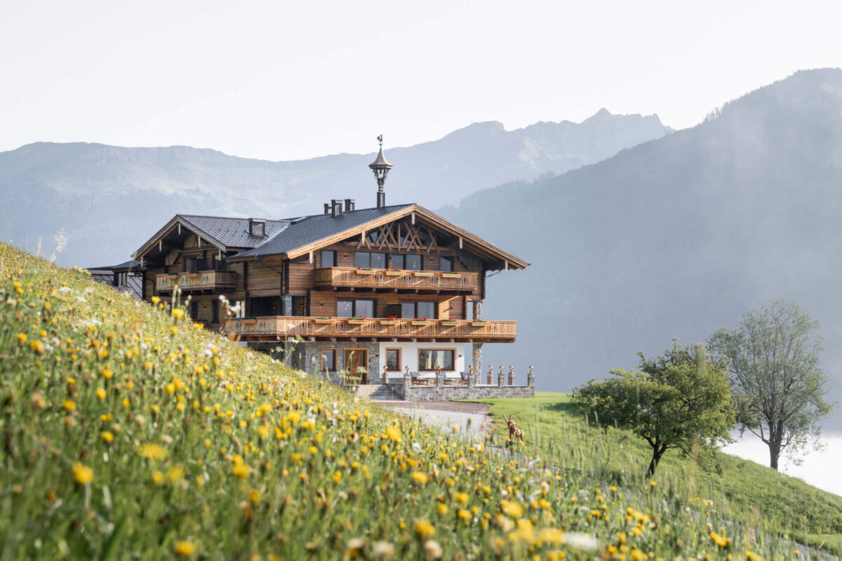 Das Grabnergut mit Bergpanorama und Wildblumenwiese
